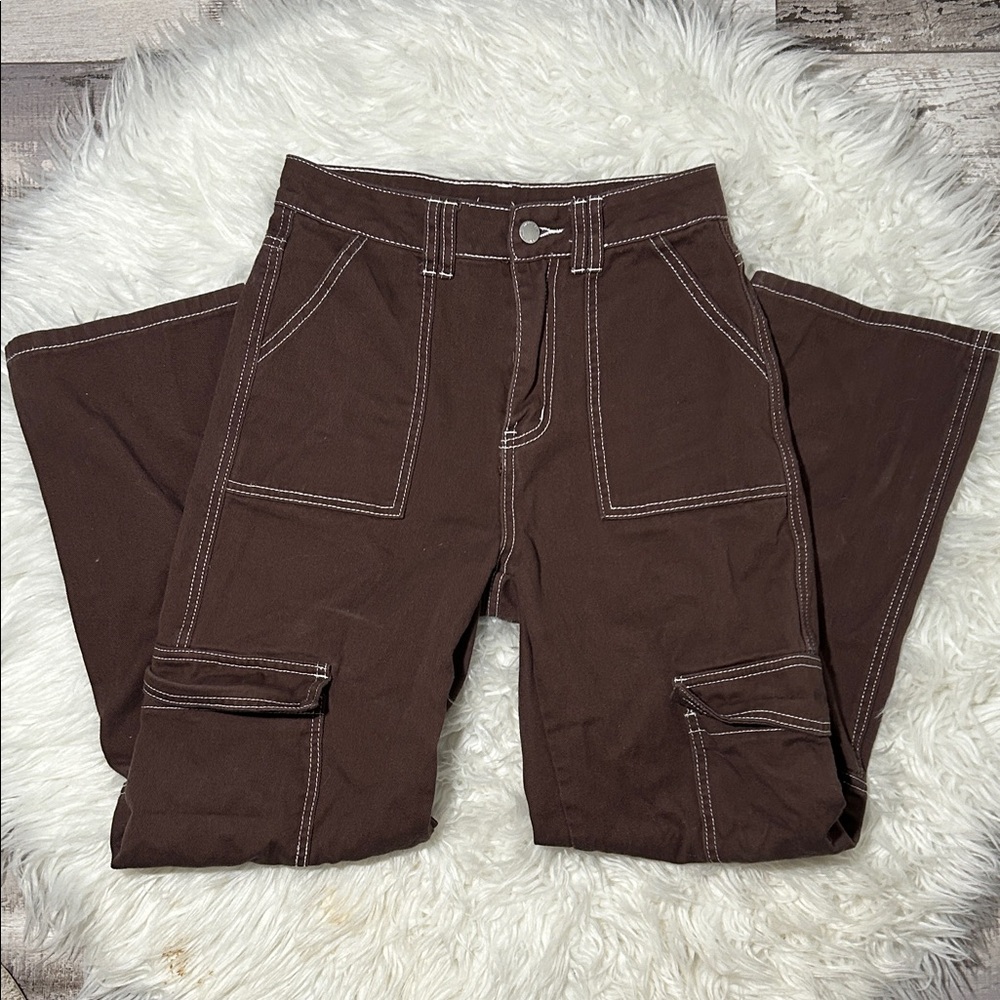 SHEIN Womans Brown Cargo Pants with White Stitching